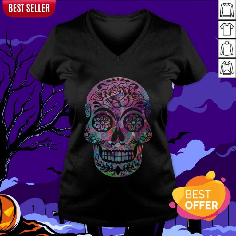 Halloween Sugar Skull Dia De Los Muertos Day Of Dead V-neck