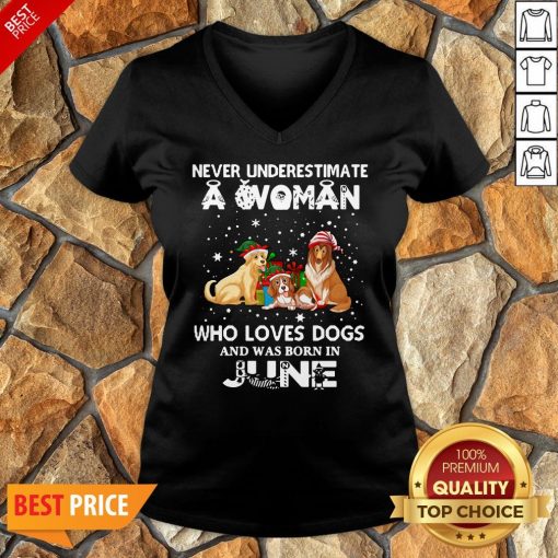 Never Underestimate A Woman Who Loves Dogs And Was Born In June V-neck