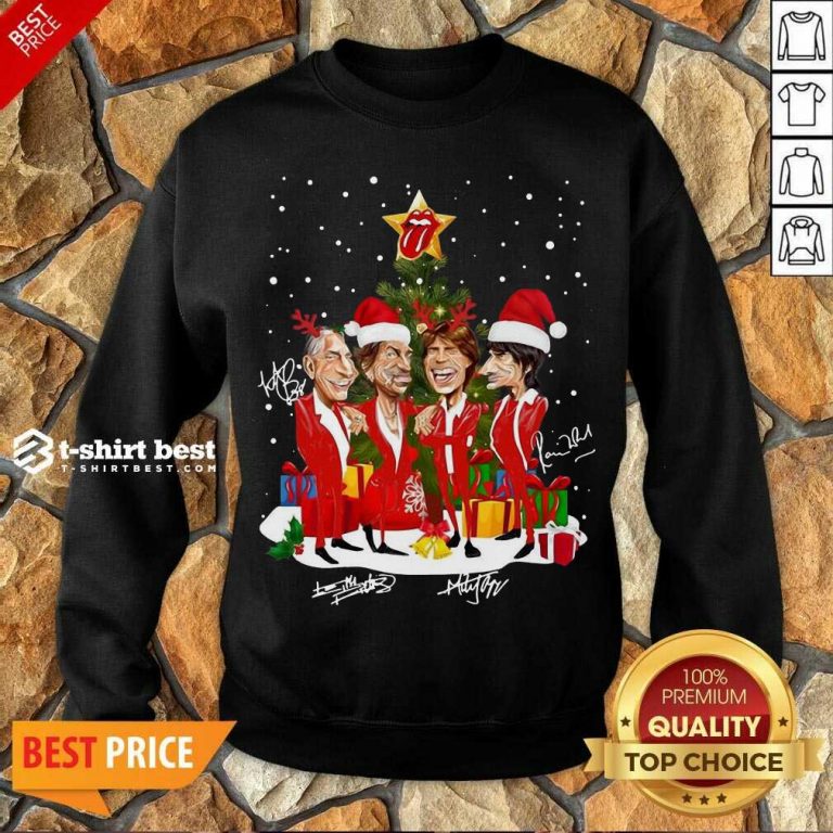 The Rolling Stones Band Music Wear Pajama Santa Christmas Tree Gift Signatures Sweatshirt - Design By 1tees.com