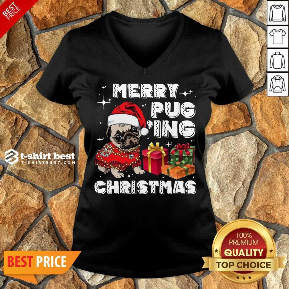 Merry Pugging Christmas With Santa Hat Pug Dog Pugmas Pajama V-neck - Design By 1tees.com
