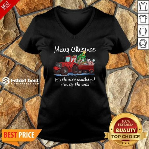 Santa Claus And Animal Merry Christmas It’s The Most Wonderful Time Of The Year V-neck - Design By 1tees.com