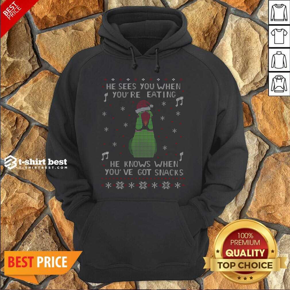 He Sees You When You’re Eating He Knows When You’ve Got Snacks Ugly Christmas Hoodie - Design By 1tees.com