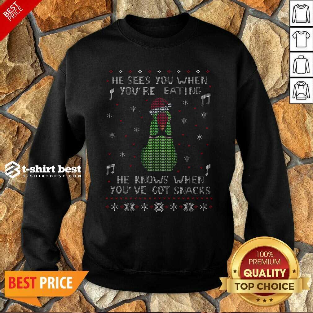 He Sees You When You’re Eating He Knows When You’ve Got Snacks Ugly Christmas Sweatshirt - Design By 1tees.com