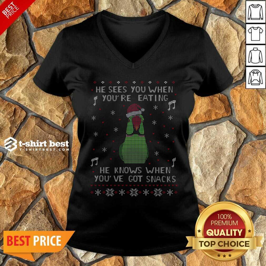 He Sees You When You’re Eating He Knows When You’ve Got Snacks Ugly Christmas V-neck - Design By 1tees.com
