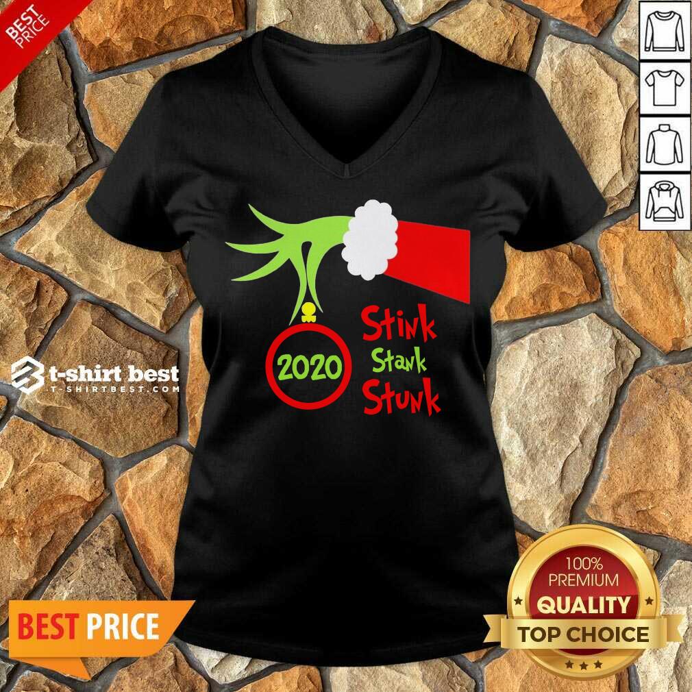 Grinch Hand Holding Ornament 2020 Stink Stank Stunk Merry Christmas V-neck - Design By 1tees.com