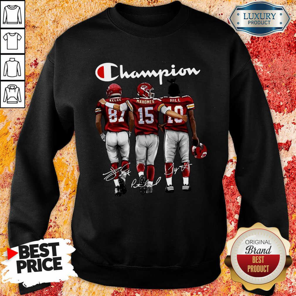 Thoughtful Kansas City Chiefs 3 Champion Kelce Mahomes Hill Signatures Sweatshirt - Design by T-shirtbest.com