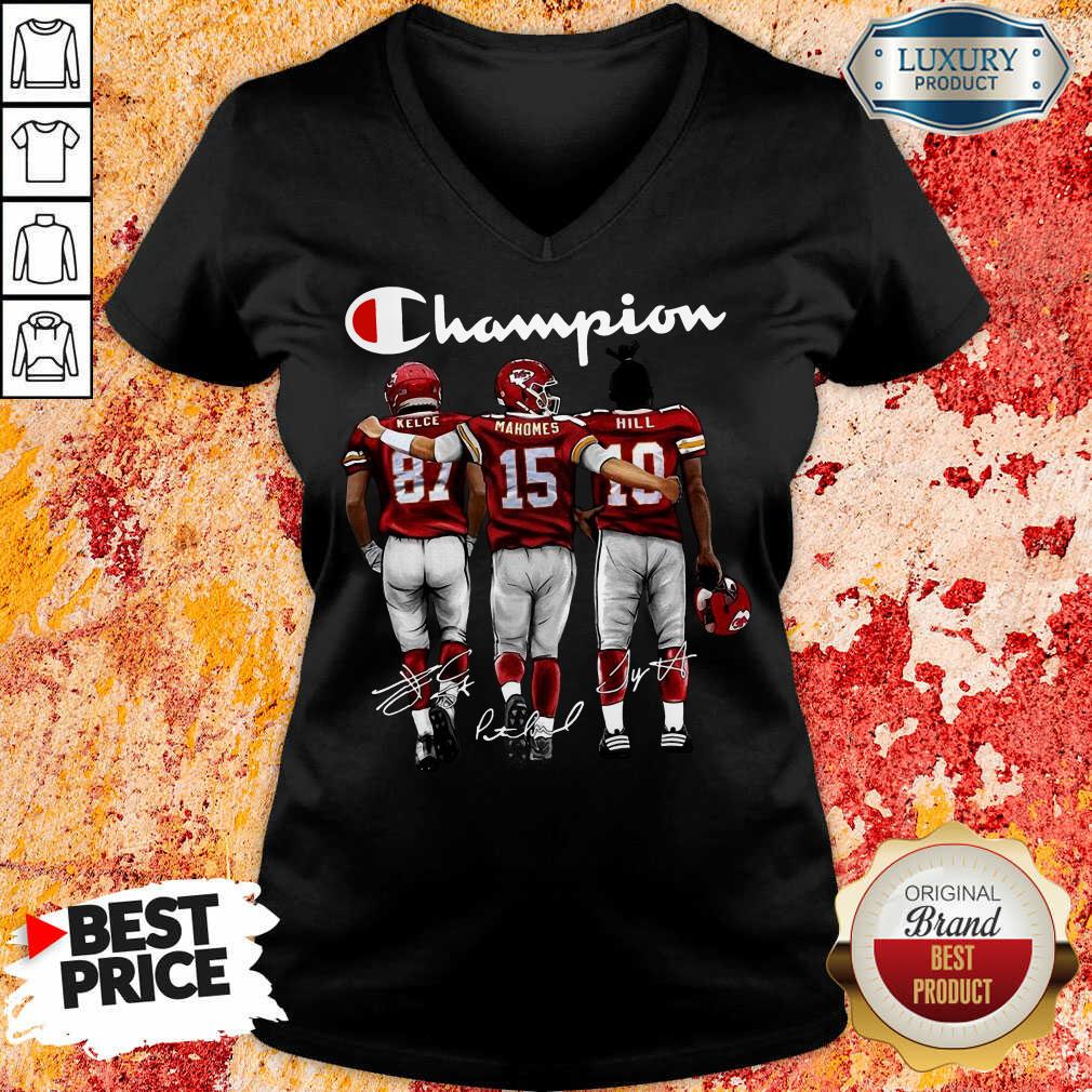 Thoughtful Kansas City Chiefs 3 Champion Kelce Mahomes Hill Signatures V-neck - Design by T-shirtbest.com